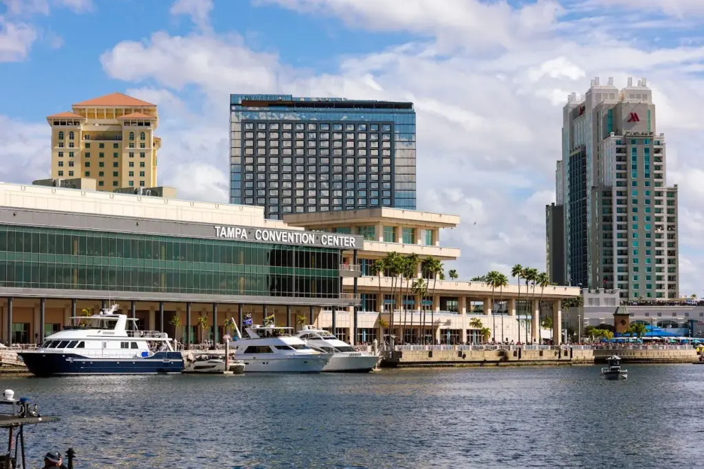 Tampa Convention Center and marina with downtown hotels