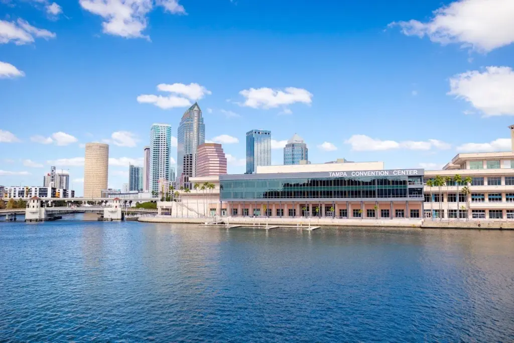 Tampa Convention Center and the downtown Tampa skyline across the water