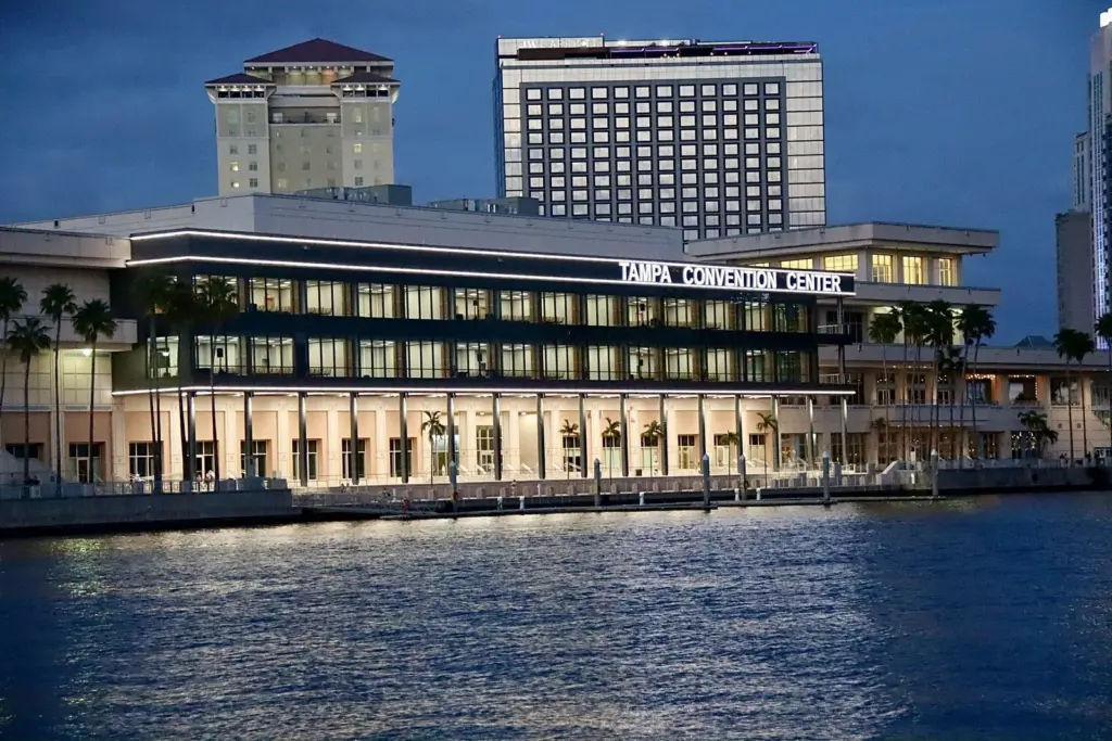 Tampa Convention Center at dusk from the water